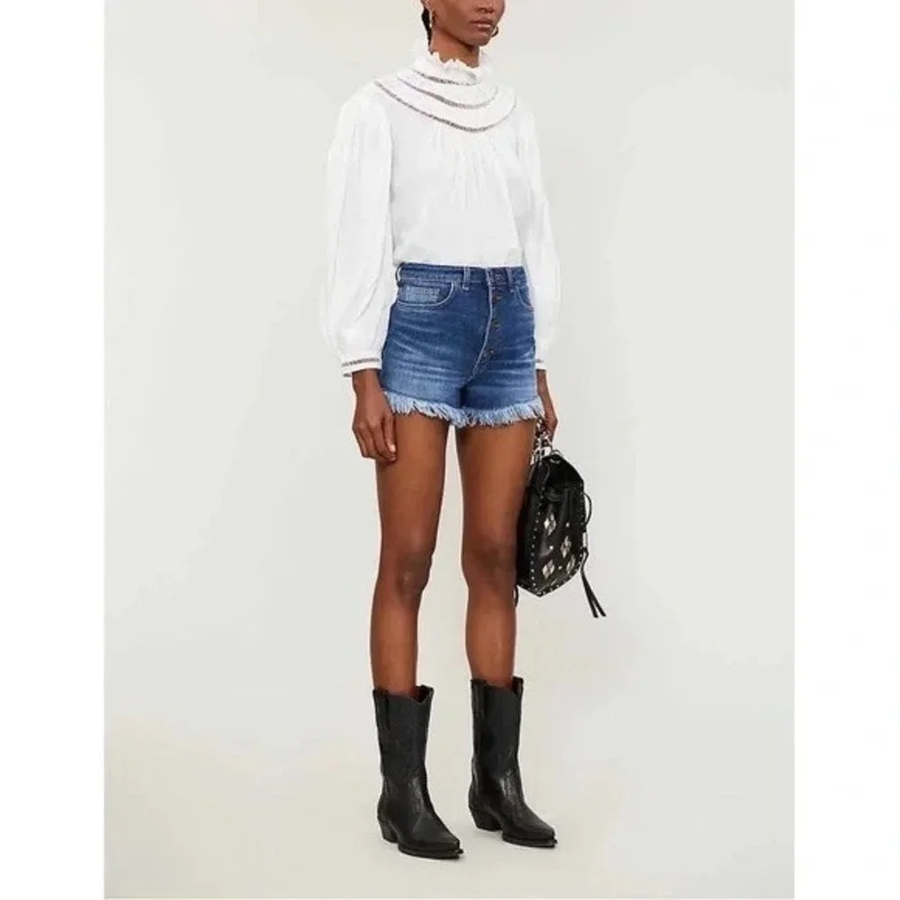 Maje‎ Irina Fray High Rise Denim Cutoff Festival Shorts Offduty Blue FR 34 US XS